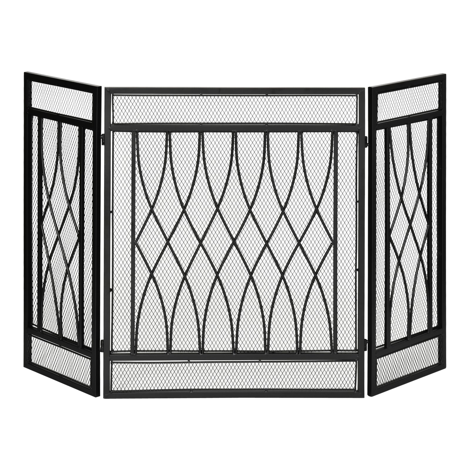 126cm 3-Panel Metal Folding Fireplace Screen Heat Flame Protective Guard Child Pet Home Spark Barrier Surround w/ Mesh Pattern