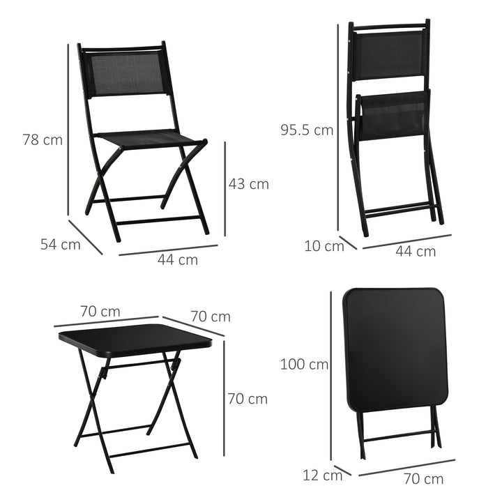 3 Pieces Garden Bistro Set, Folding Patio Table with Glass Table Top and 2 Chairs, Outdoor Furniture Set for Garden and Porch, Black