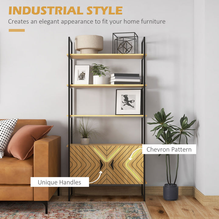 HOMCOM Industrial Bookshelf 4-Tier Shelving with Double Door Cabinet and Metal Frame for Living Room, Bedroom, Oak Tone