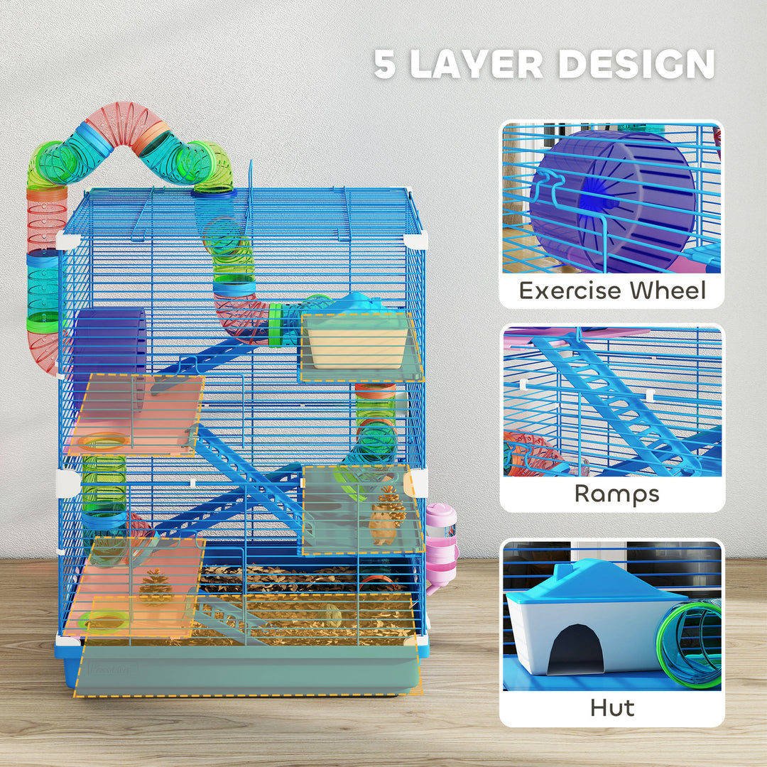 5 Tier Hamster Cage Carrier Habitat w/ Exercise Wheels, Tunnel, Blue