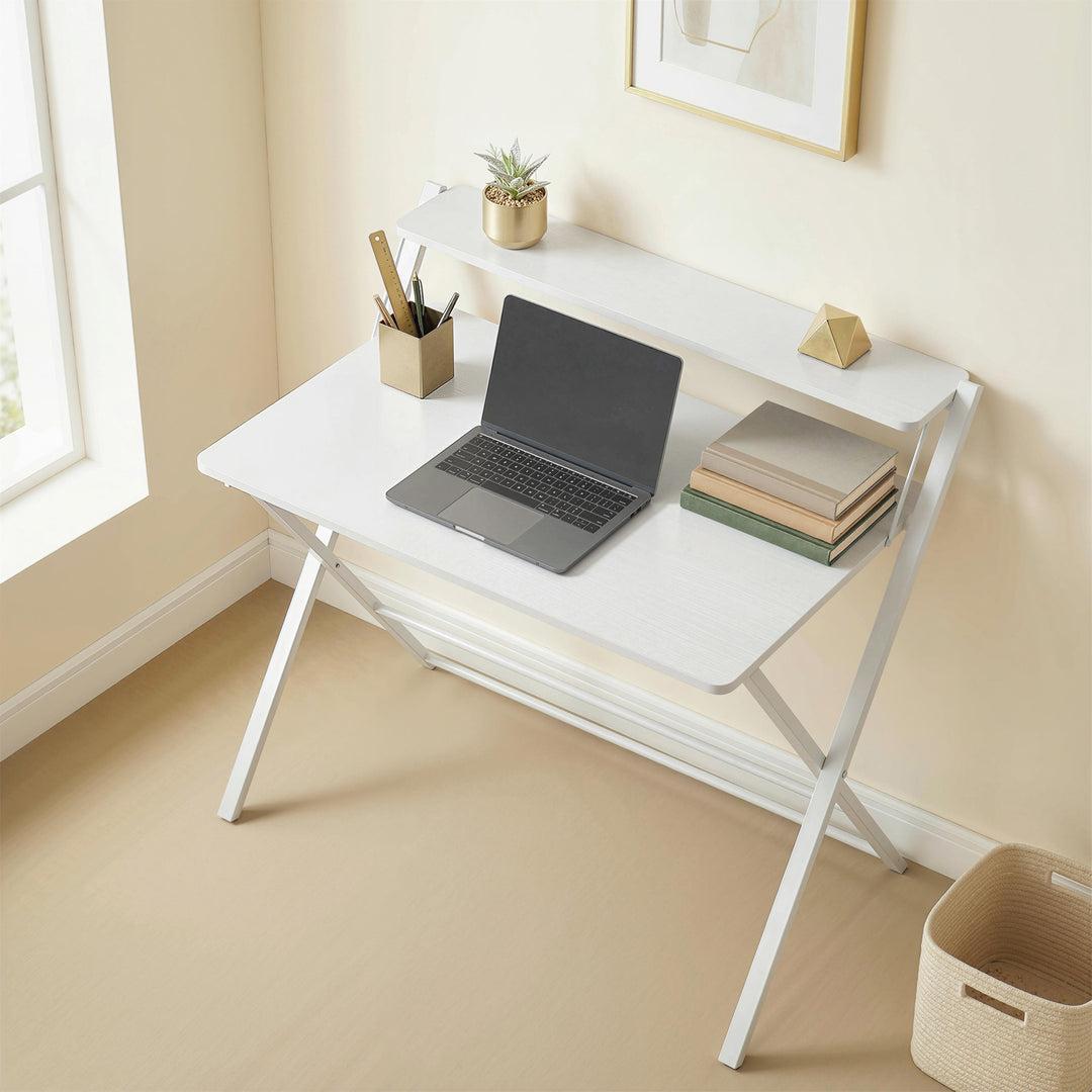 Compact Folding Desk for Small Spaces with Storage Shelf for Home Offi