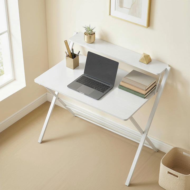 Compact Folding Desk for Small Spaces with Storage Shelf for Home Offi