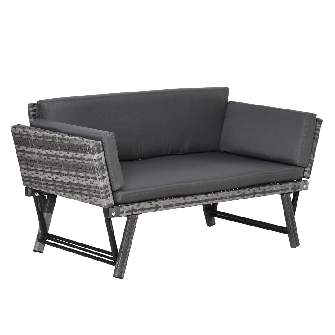 MCL 2 Seater Rattan Sofa with Cushions, 2-in-1 PE Rattan Daybed Sofa with Left Up or Down Armrests, Garden Chaise Lounger Loveseat for Outdoor, Patio, Mixed Grey