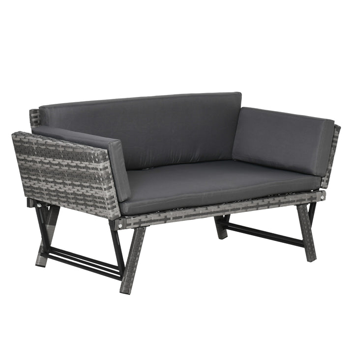 MCL 2 Seater Rattan Sofa with Cushions, 2-in-1 PE Rattan Daybed Sofa with Left Up or Down Armrests, Garden Chaise Lounger Loveseat for Outdoor, Patio, Mixed Grey
