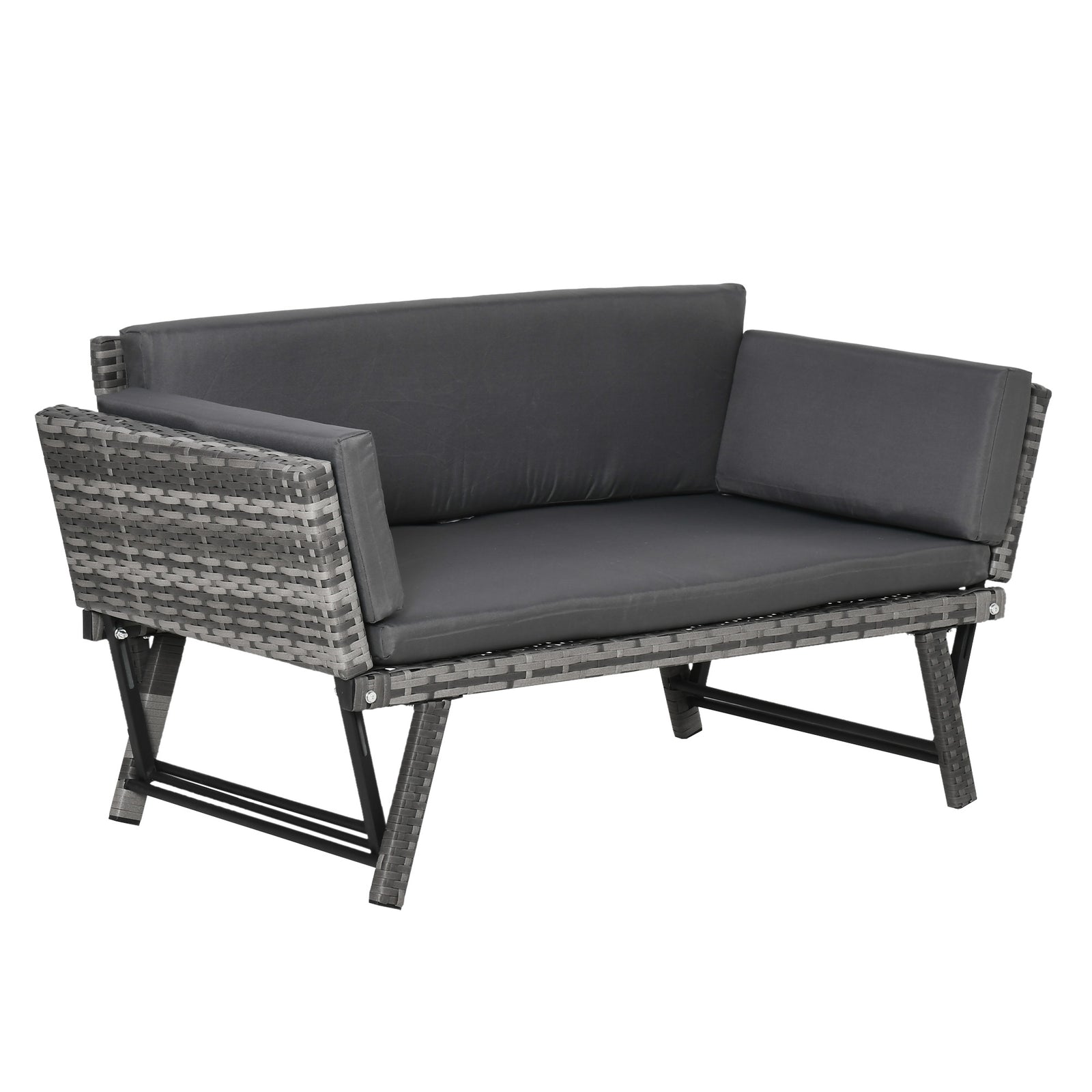 2 Seater Rattan Sofa with Cushions, 2-in-1 PE Rattan Daybed Sofa with Left Up or Down Armrests, Garden Chaise Lounger Loveseat for Outdoor, Patio, Mixed Grey
