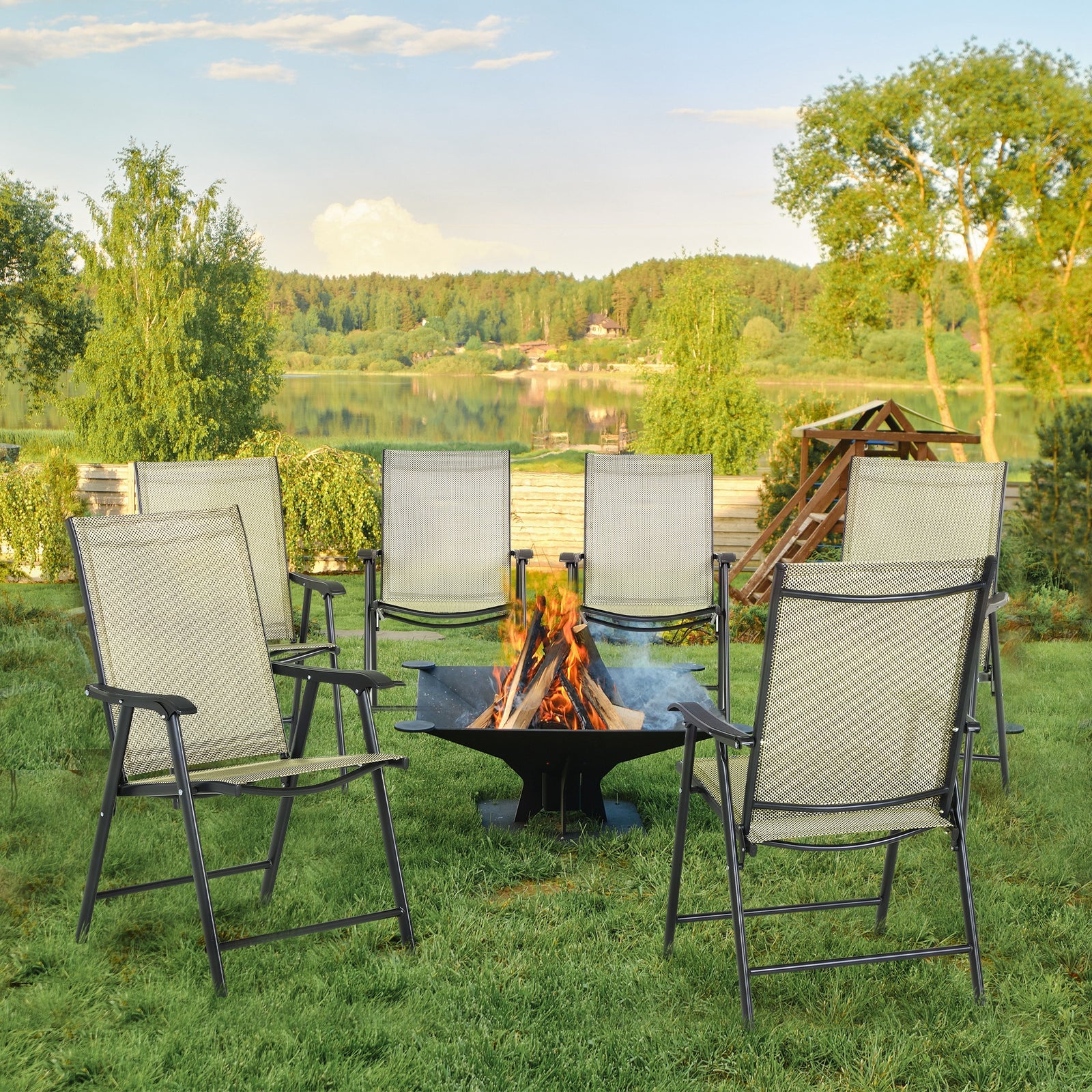 Set of Six Folding Garden Chairs - Beige
