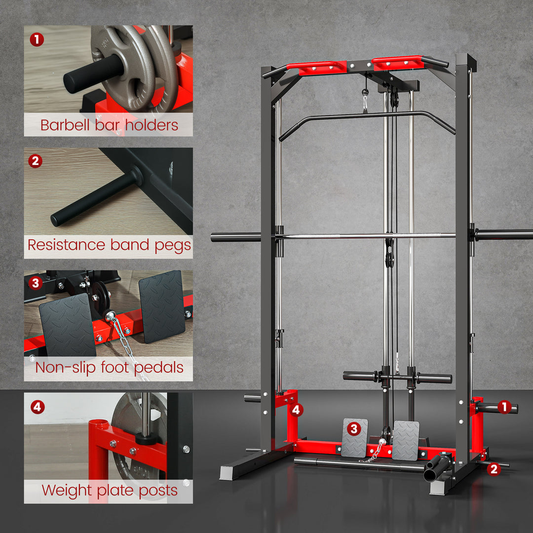 Cable Crossover Machine, Multi-Function Power Rack with Pull Up Bar, Lat Pull Down System, Squat Rack, Barbell Bar