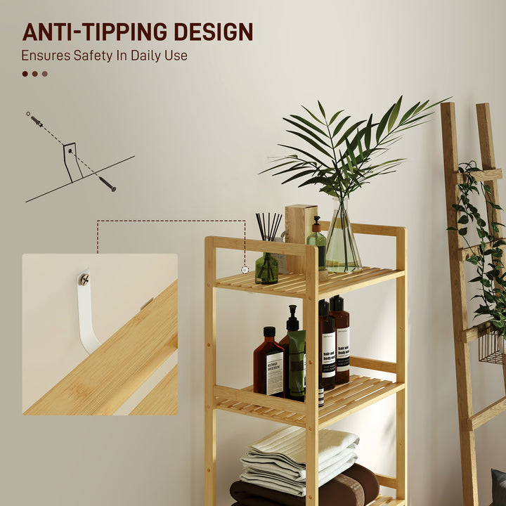 5-Tier Bamboo Bathroom Storage Shelf, Freestanding Shelving Unit with Adjustable Rack for Kitchen Bathroom Living Room, Natural Wood Finish