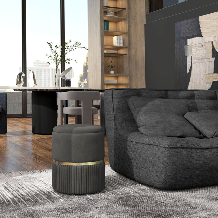 HOMCOM Velvet-feel Round Ottoman Stool, Storage Pouffe, Padded Seat, Hidden Compartment, Grey