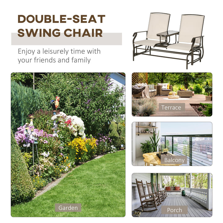 2 Seats Garden Glider Bench, Metal Frame Loveseat with Glass Top Centre Table, Porch Rocking Glider for 2 Person, for Deck, Patio, Brown/ Khaki