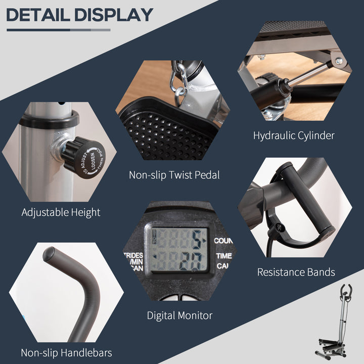 MCL Adjustable Twist Stepper Fitness Step Machine, LCD Screen, Height-Adjust Handlebars, Home Gym, Silver and Black