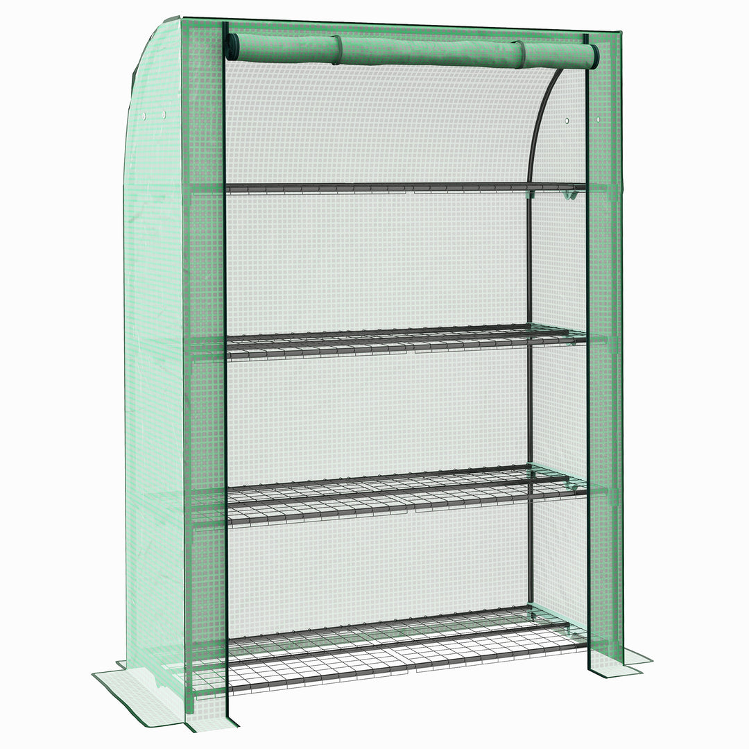 4 Tier Mini Greenhouse with Reinforced PE Cover, Portable Indoor Outdoor Green House with Roll-up Door and Wire Shelves, 170H x 120W x 50Dcm, Green