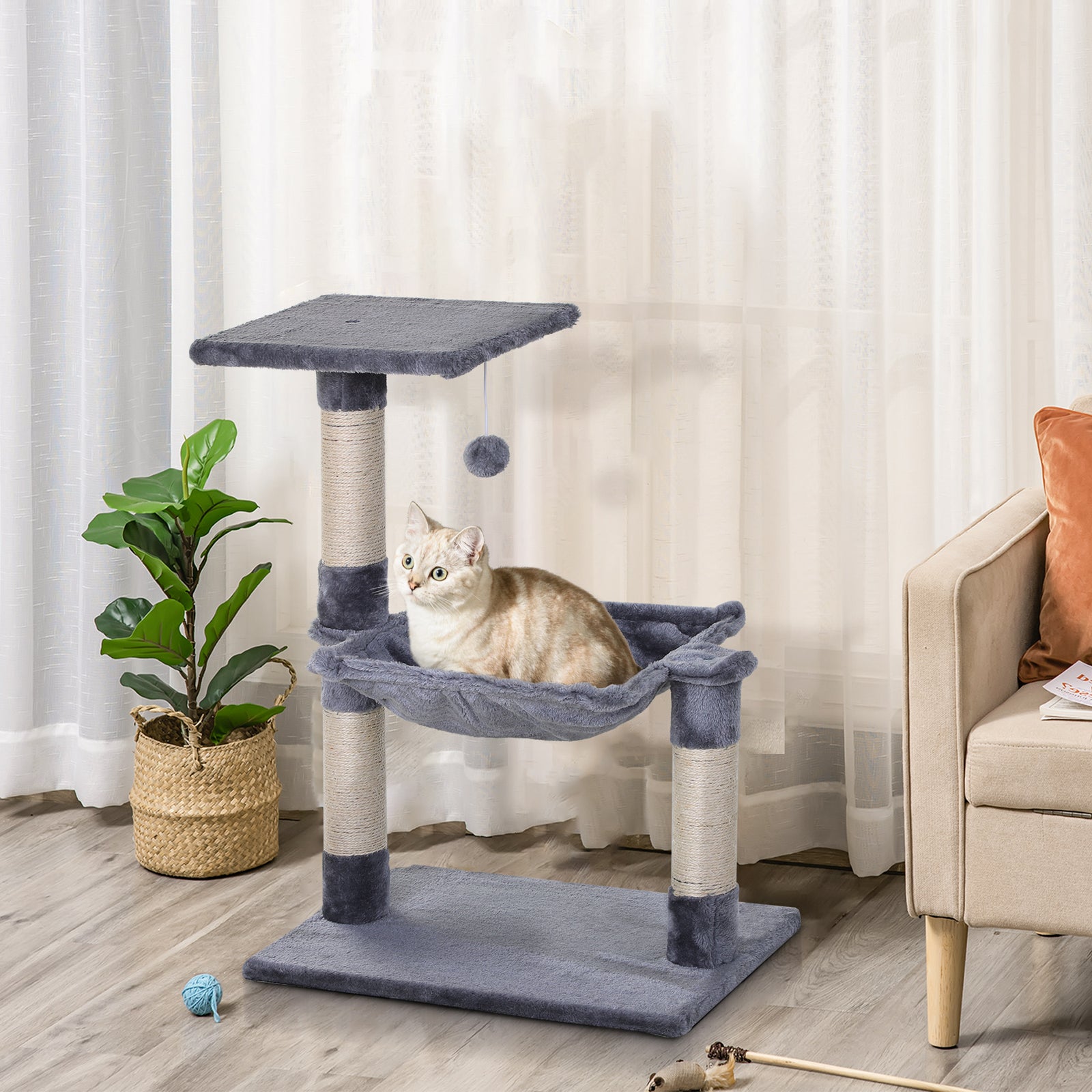 Cat Scratch Post with Bed Cat Tree for Indoor Cats Sisal Scratching Posts Hammock Kitty Activity Centre Grey