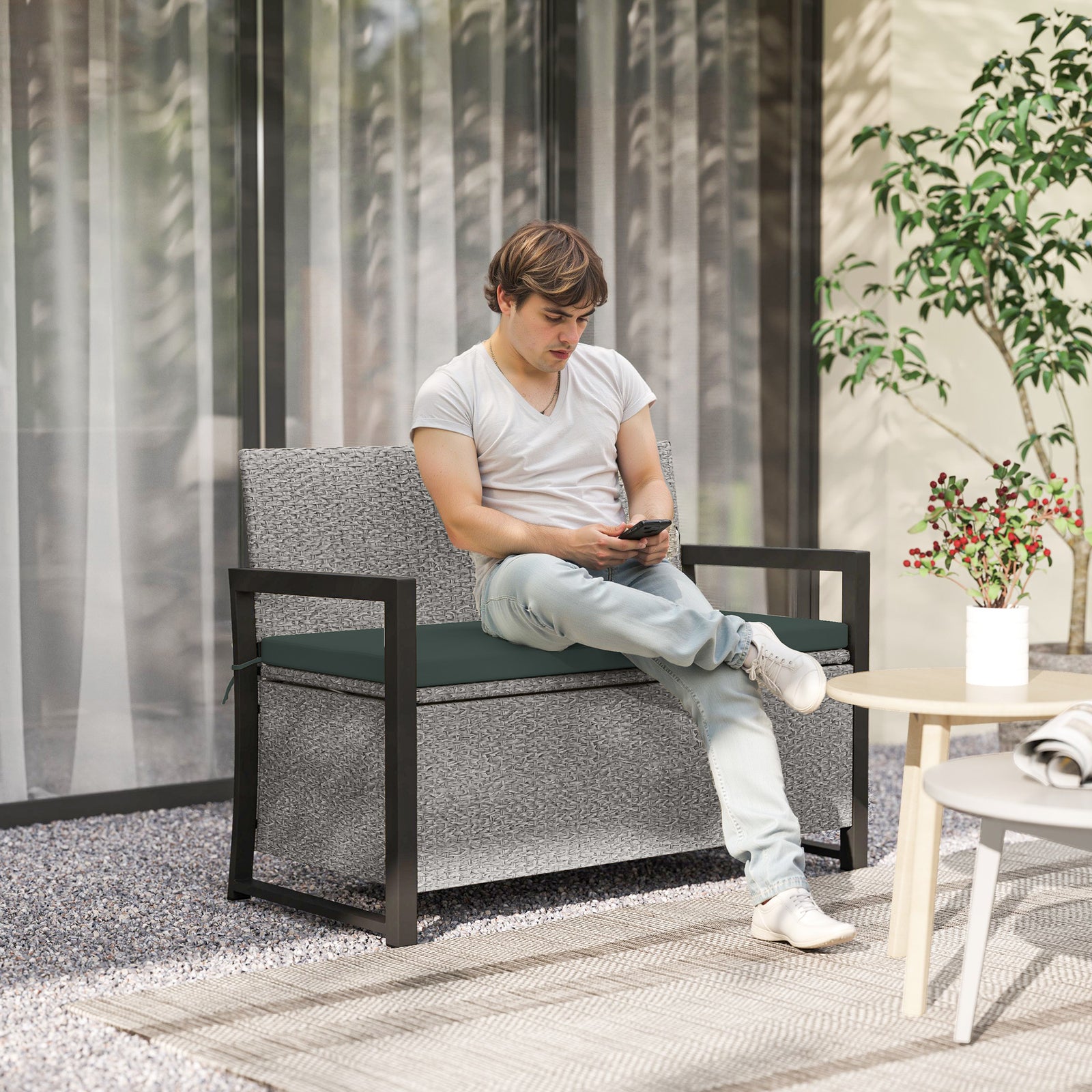 151.5L Storage Garden Bench, with Cushion - Grey