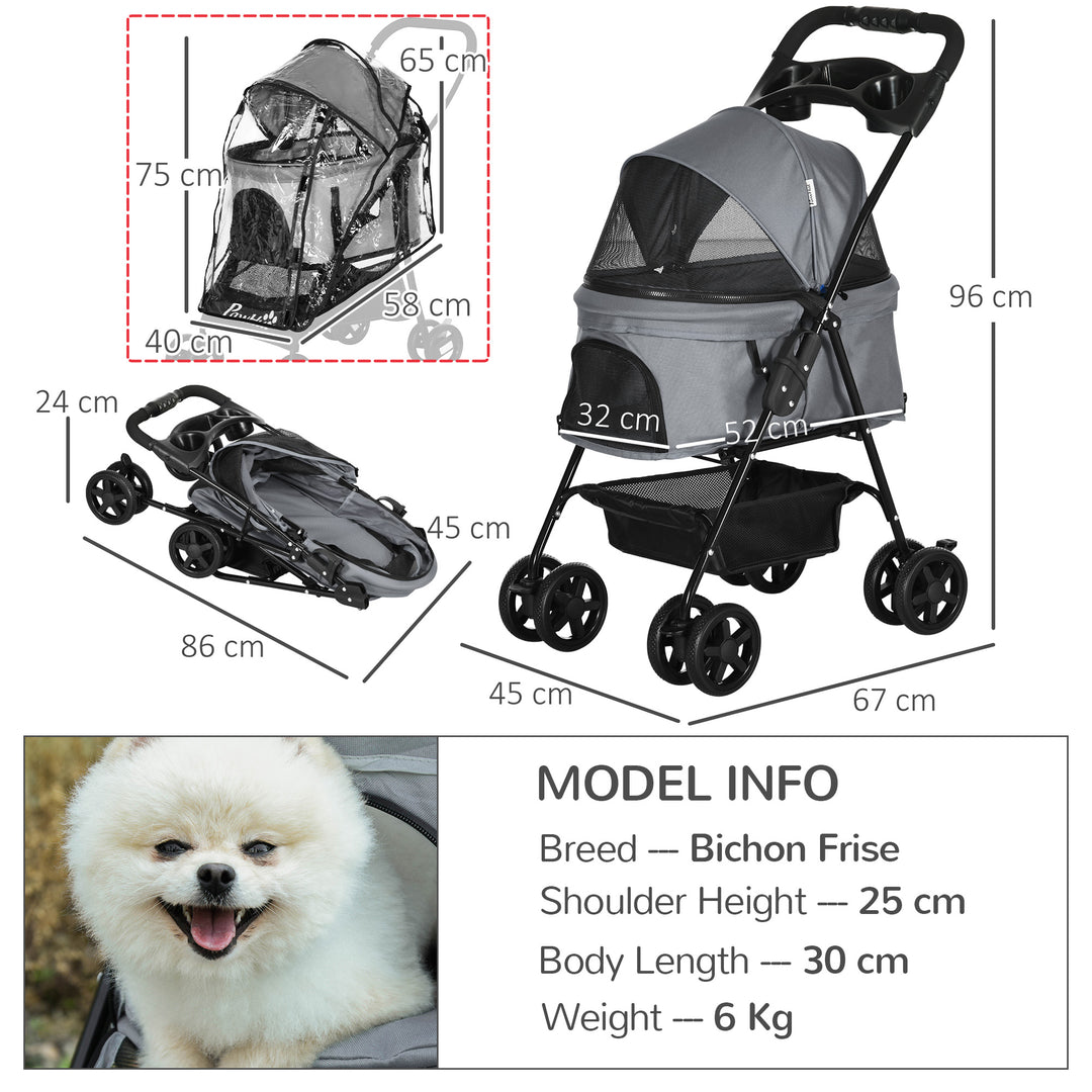 Dog Stroller with Rain Cover, Dog Pushchair One-Click Fold Trolley Jogger with EVA Wheels Brake Basket Adjustable Canopy Safety Leash for Small Dogs, Grey