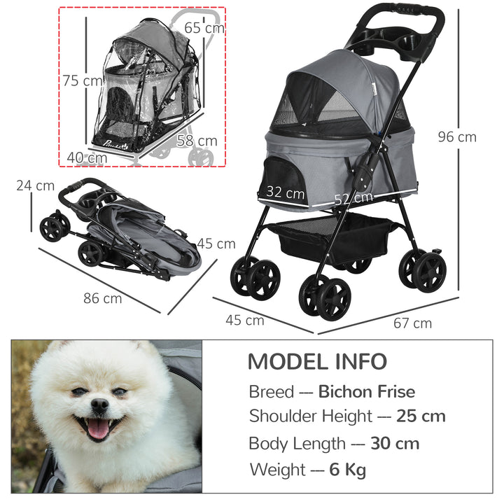 Dog Stroller with Rain Cover, Dog Pushchair One-Click Fold Trolley Jogger with EVA Wheels Brake Basket Adjustable Canopy Safety Leash for Small Dogs, Grey