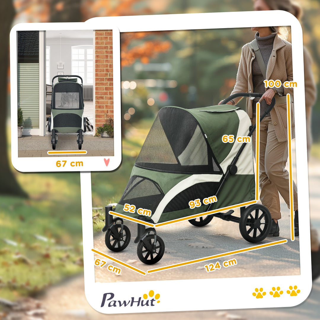 Foldable Pet Stroller for Large Dogs with Four Big Wheels, Shock-Absorbing Frame, Safety Leashes, Brakes, Dark Green