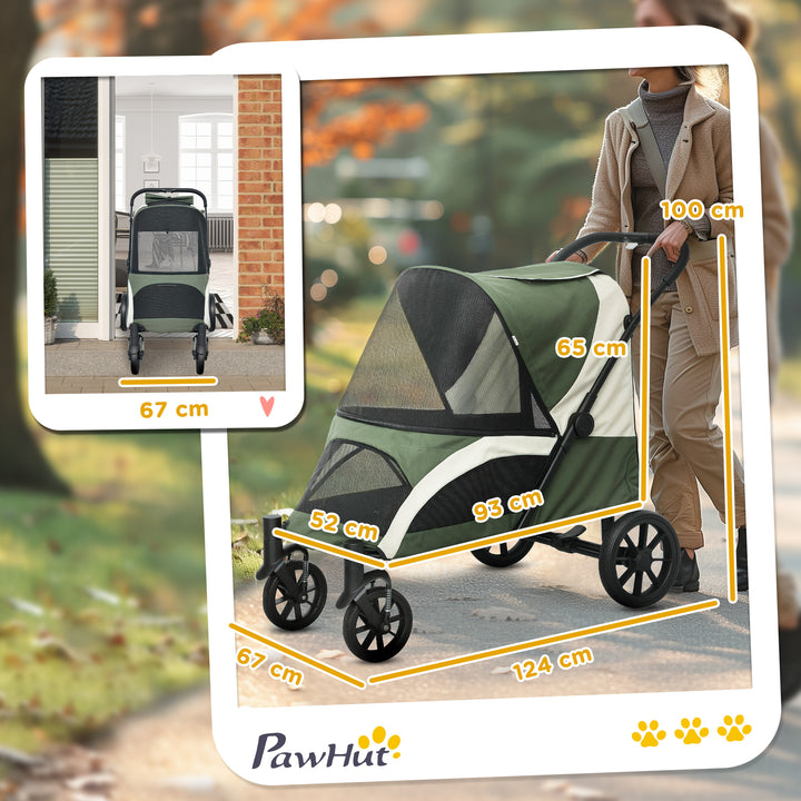 Foldable Pet Stroller for Large Dogs with Four Big Wheels, Shock-Absorbing Frame, Safety Leashes, Brakes, Dark Green