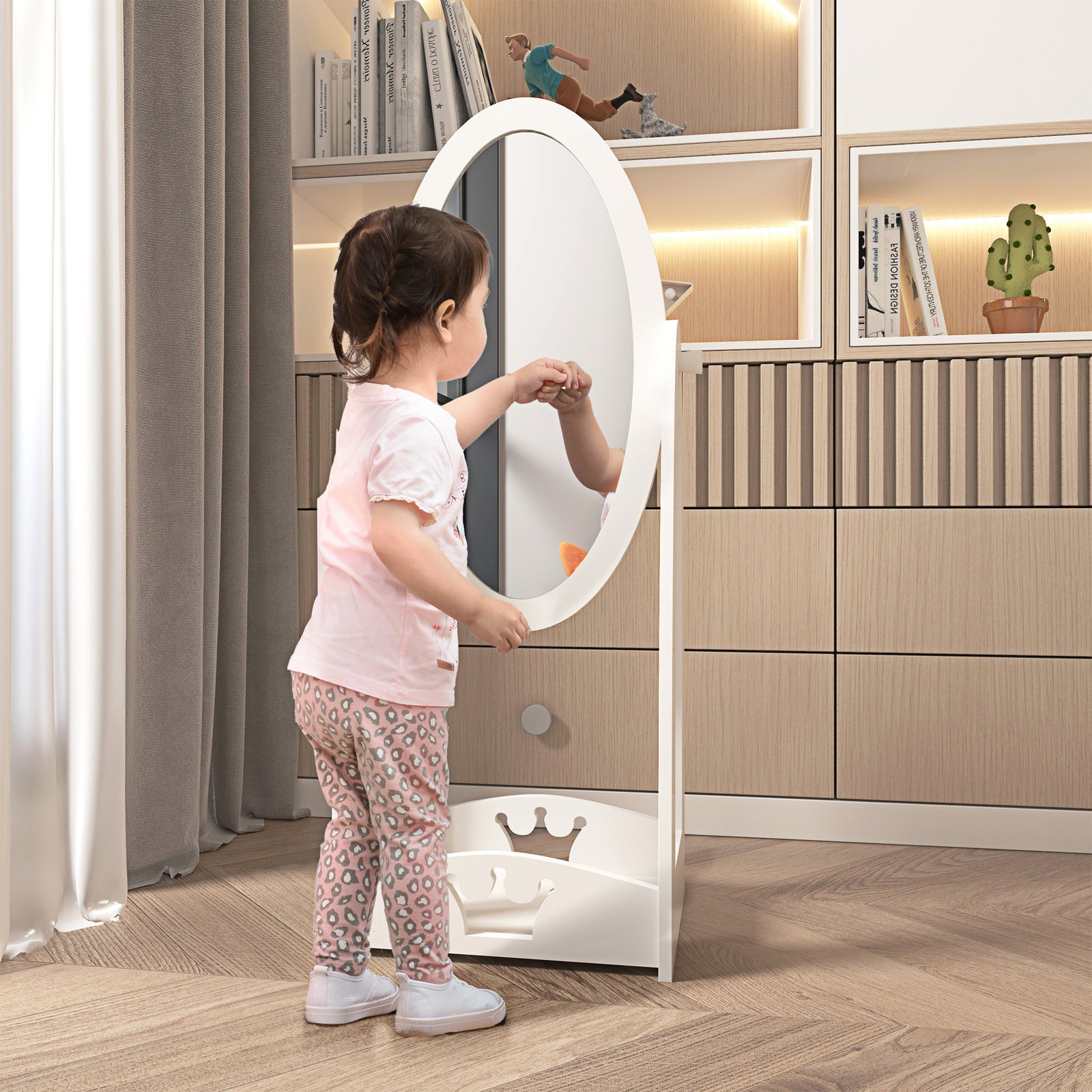 Free Standing Full Length Mirror, Child's Dressing Mirror with storage shelf, Children's White Bedroom Furniture 360° Rotation MDF, For 3- 8 Years Old, 40L x 30W x 104H cm