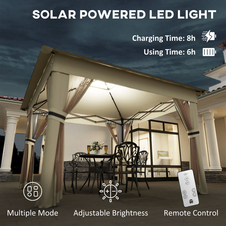 Outsunny 3 x 3(m) Pop Up Gazebo Party Tent with Solar-Powered LED Lights, Adjustable Event Shelter with Netting, Khaki