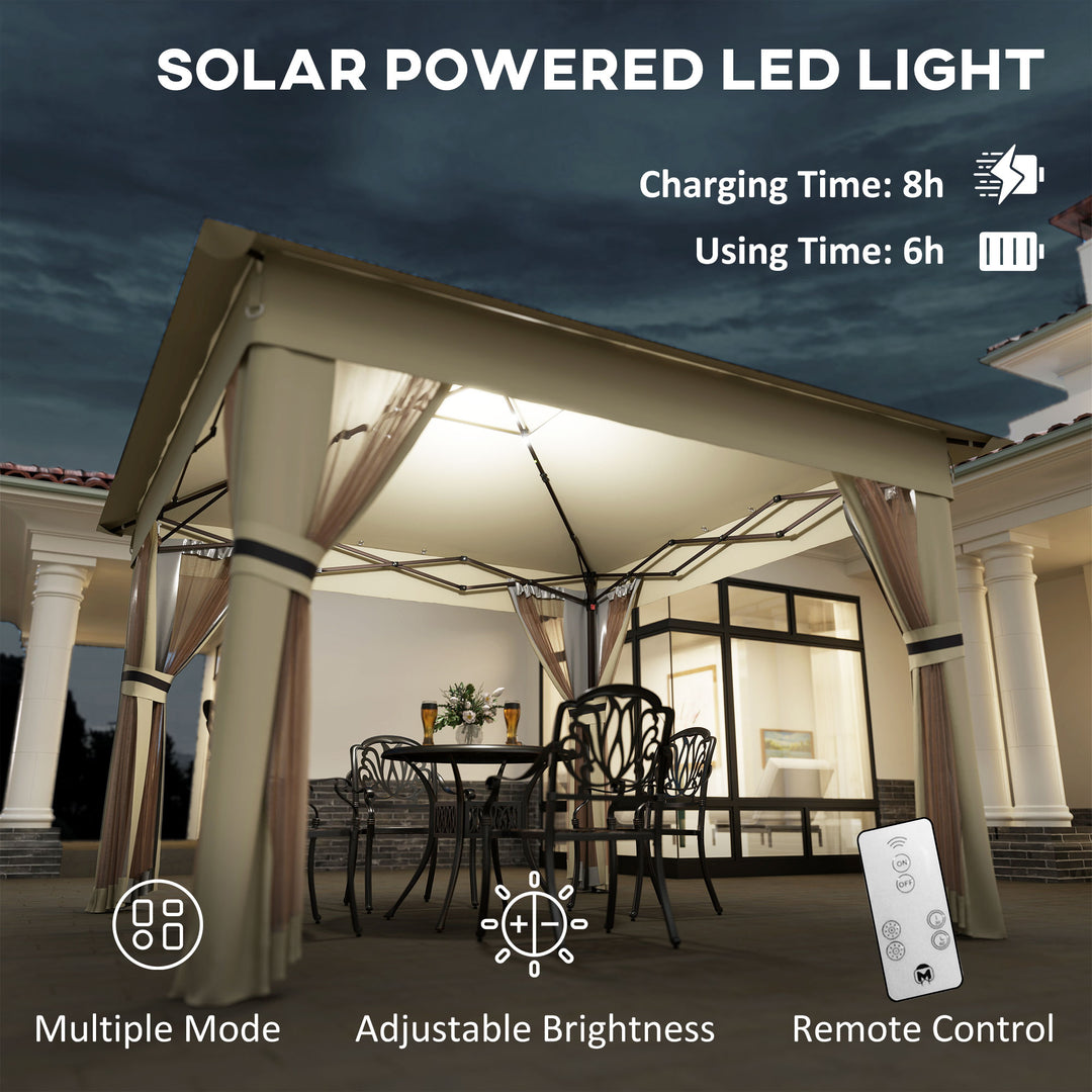 3 x 3(m) Pop Up Gazebo Party Tent with Solar-Powered LED Lights, Adjustable Event Shelter with Netting, Khaki