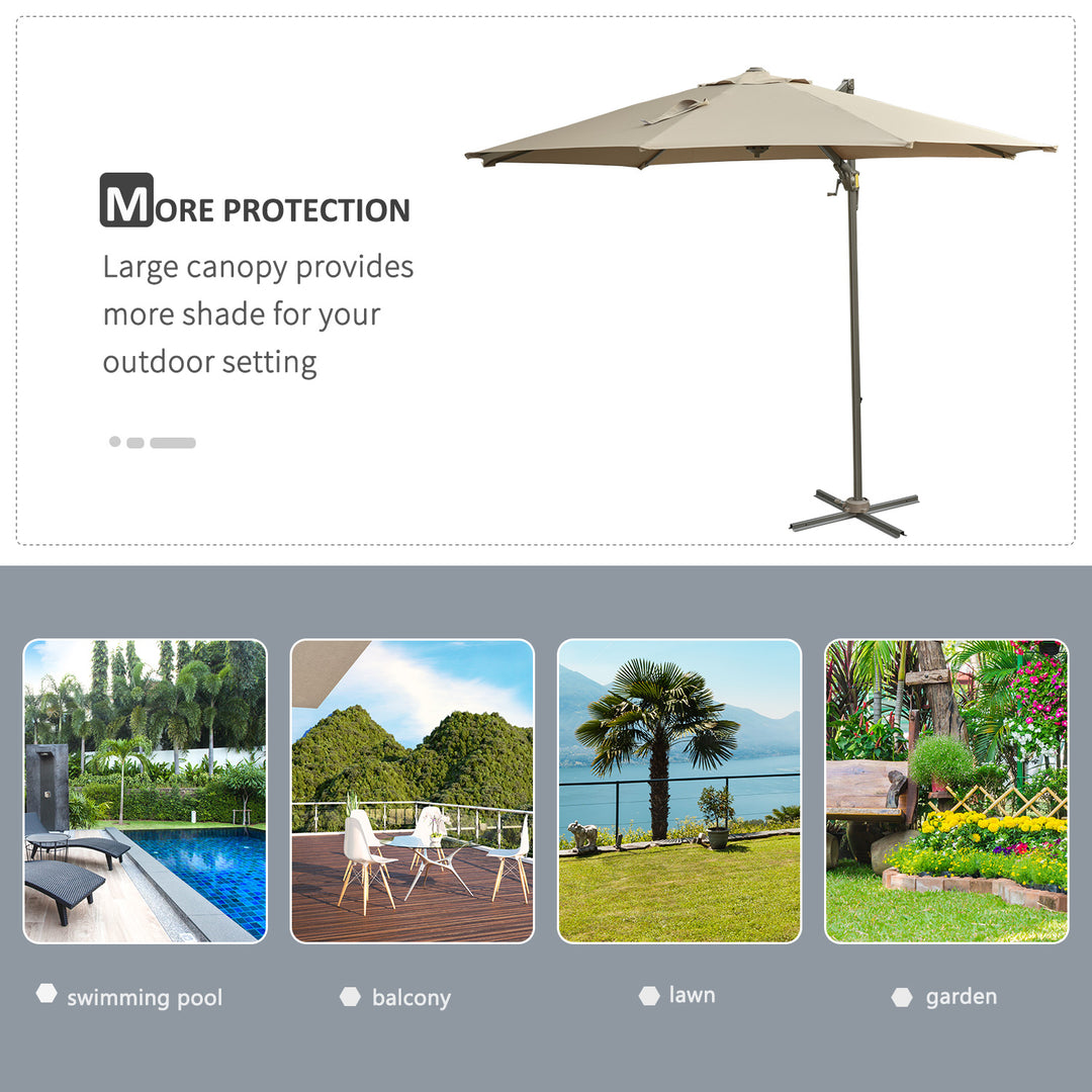 Outsunny 3M Cantilever Parasol, Roma Umbrella with Tilt Crank and 360° Degree Rotating System, Hanging Sun Shade, Khaki