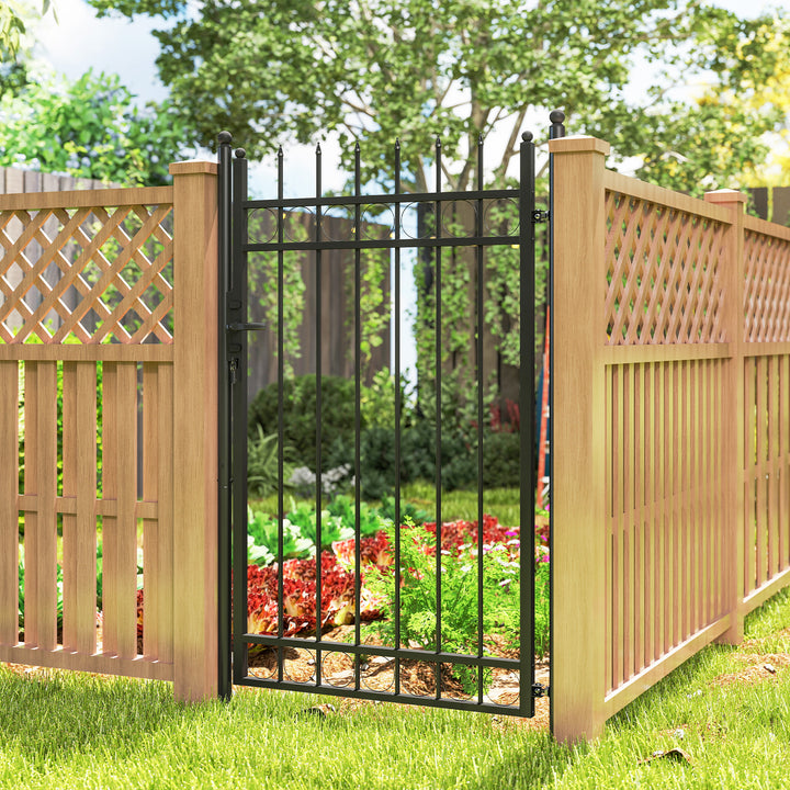 Galvanised Steel Garden Gate, Outdoor Fence Gate Security Barrier with Lock, Keys and Handle, Outdoor Entrance Way Door with Classic Finials, 105 x 204 cm, Black