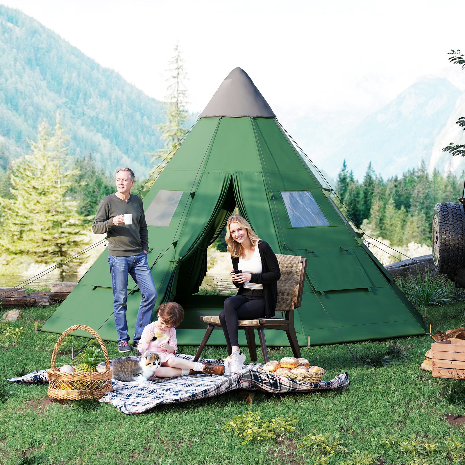 6 Men Tipi Tent with Carry Bag - Green