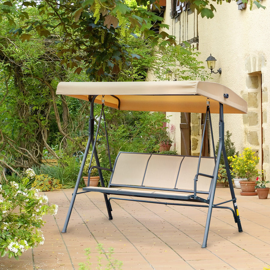 3 Seater Swing Chair, Garden Swing Bench with Canopy, Breathable Mesh Seat and Heavy Duty Steel Frame for Patio, Yard, Beige