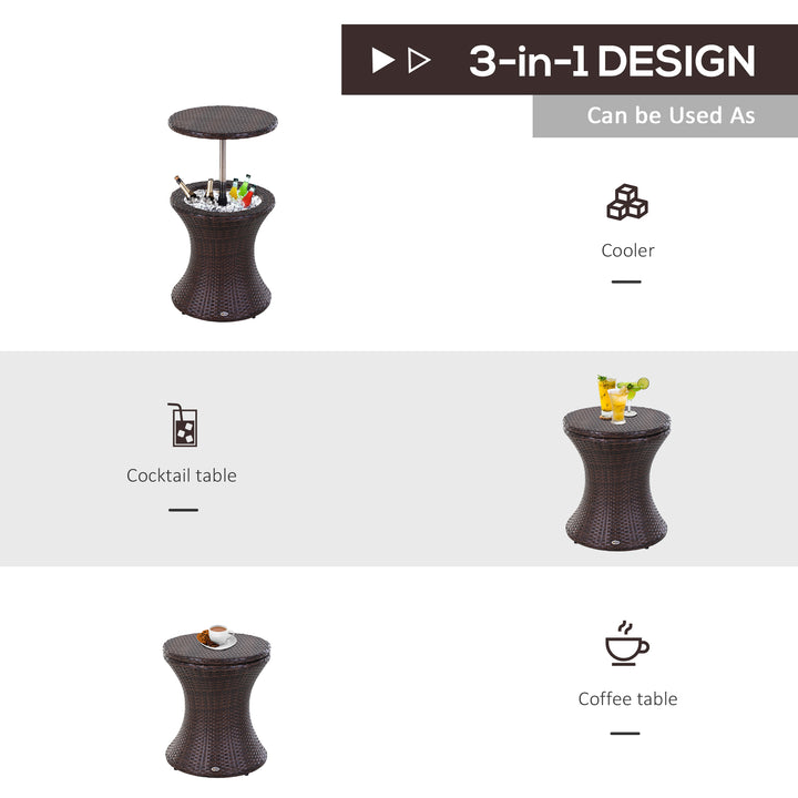 PE Rattan Ice Bucket Table, Height Adjustable Liftable Outdoor Drinks Cooler, 52 cm Round Garden Beer Cocktail Table with Lid for Bar, Patio, Terrace, Brown