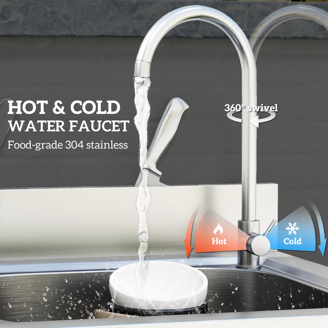 Outdoor Utility Sink, Stainless Steel Free Standing Single Bowl Kitchen Sink with Cold and Hot Water Pipe and Storage Shelf for Laundry Garage, 55 x 50 x 100 cm