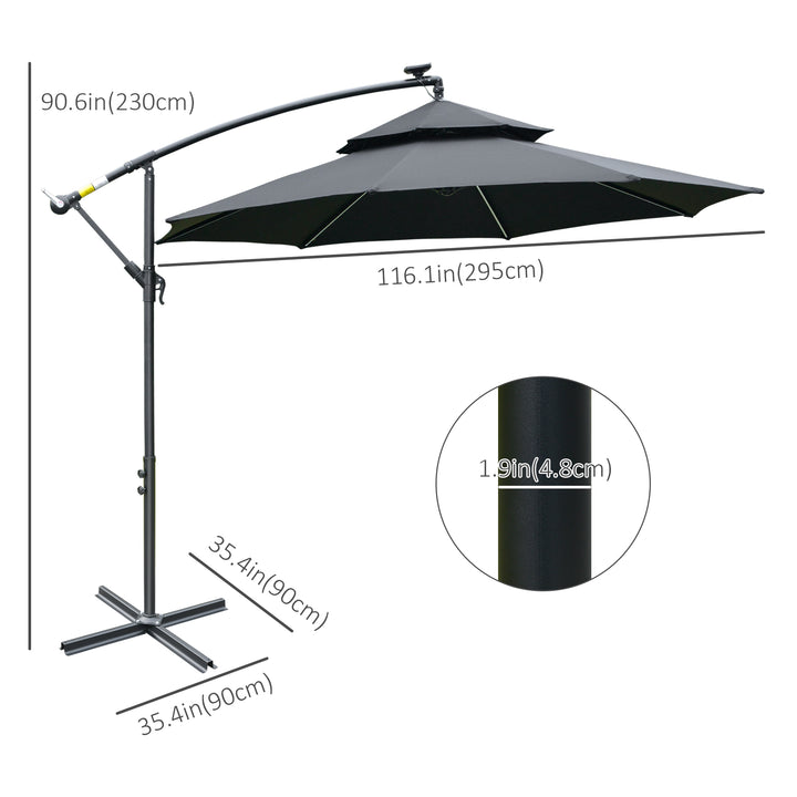 3(m) Cantilever Banana Parasol Hanging Umbrella with LED Solar lights, Crank, 8 Sturdy Ribs and Cross Base for Outdoor, Garden, Patio, Black