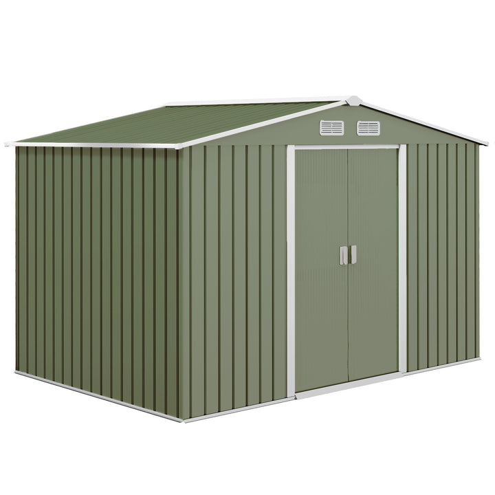 Outsunny 9 x 6 ft Metal Garden Storage Shed Corrugated Steel Roofed Tool Box with Foundation Ventilation and Doors, Light Green | Aosom UK