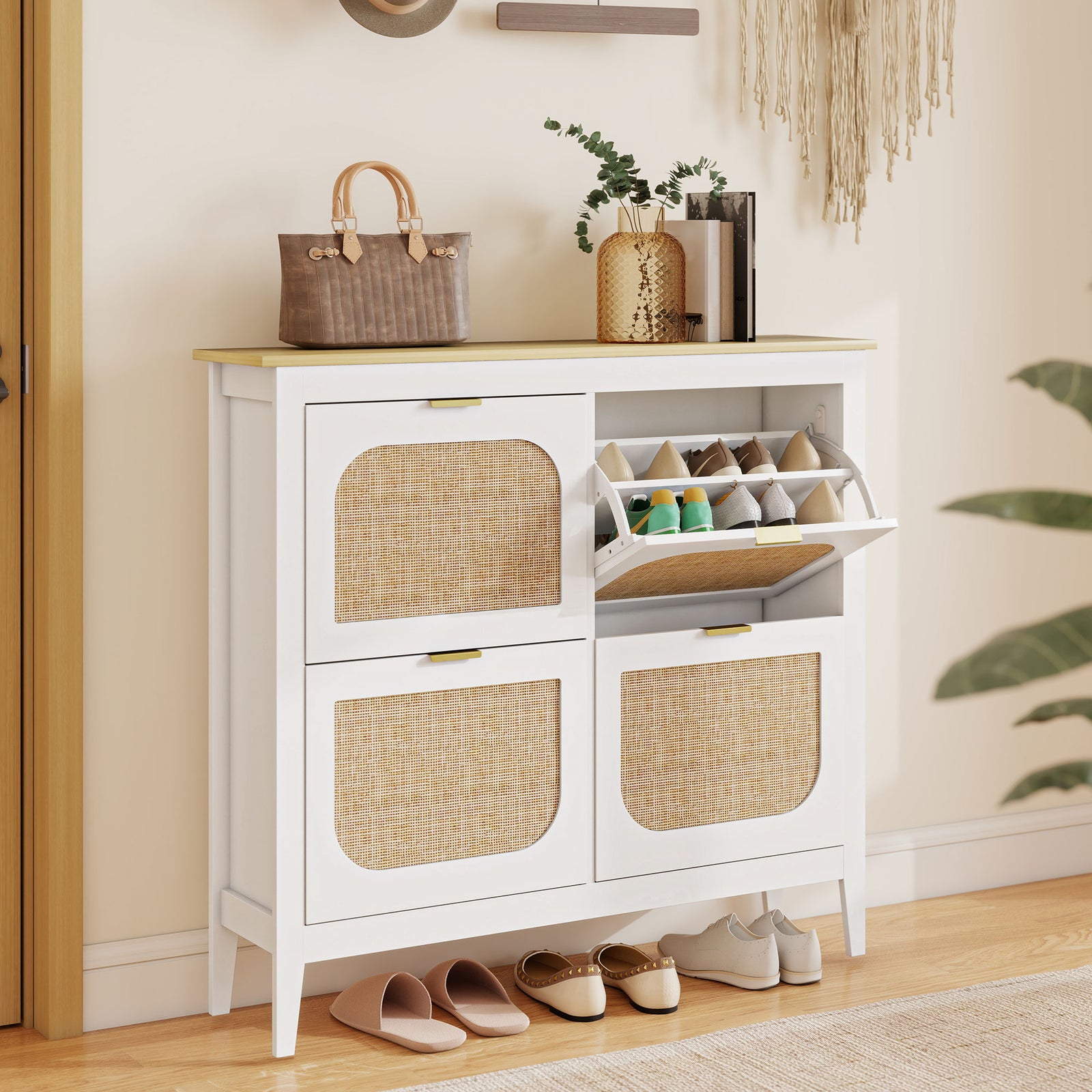 Narrow Shoe Cabinet, Boho Slim Shoe Storage Cabinet with 4 Flip Drawer