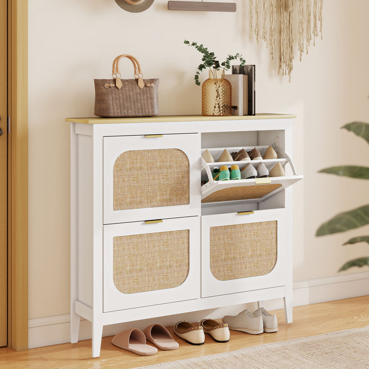 Narrow Shoe Cabinet, Boho Slim Shoe Storage Cabinet with 4 Flip Drawer