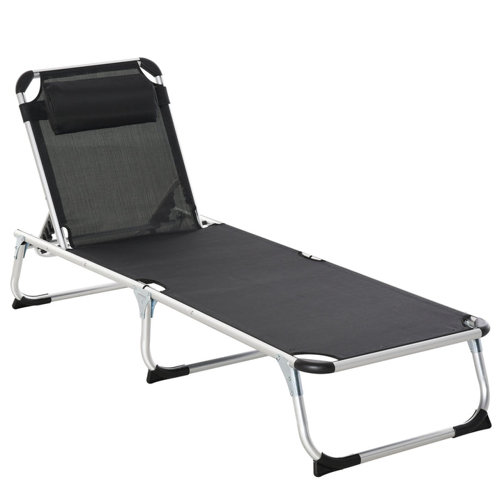 Foldable Outdoor Sun Lounger, Reclining Lounge Chair Camping Bed Cot with Pillow 4-Level Adjustable Back Aluminium Frame, Black