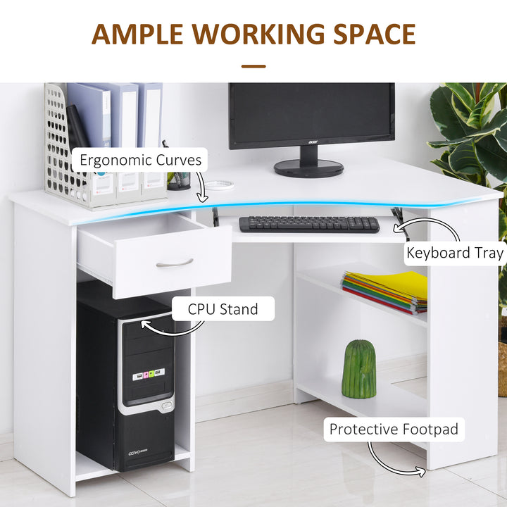 HOMCOM L-Shaped Desk: Shelves, Keyboard Tray, Drawer & CPU Stand for Home Office or Study, Pristine White | Aosom UK