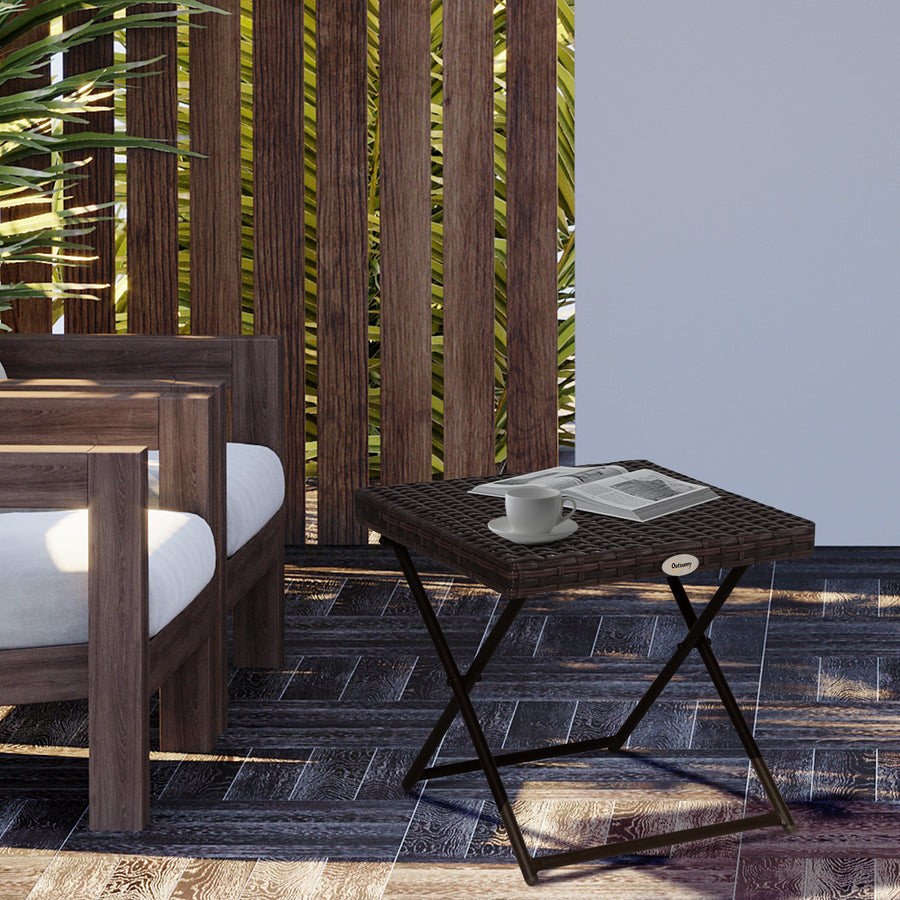 Folding Rattan Garden Coffee Table, Small Square Outdoor Bistro Side Table with Rattan Top for Patio, Balcony, Porch, 40 x 40 x 40 cm, Brown