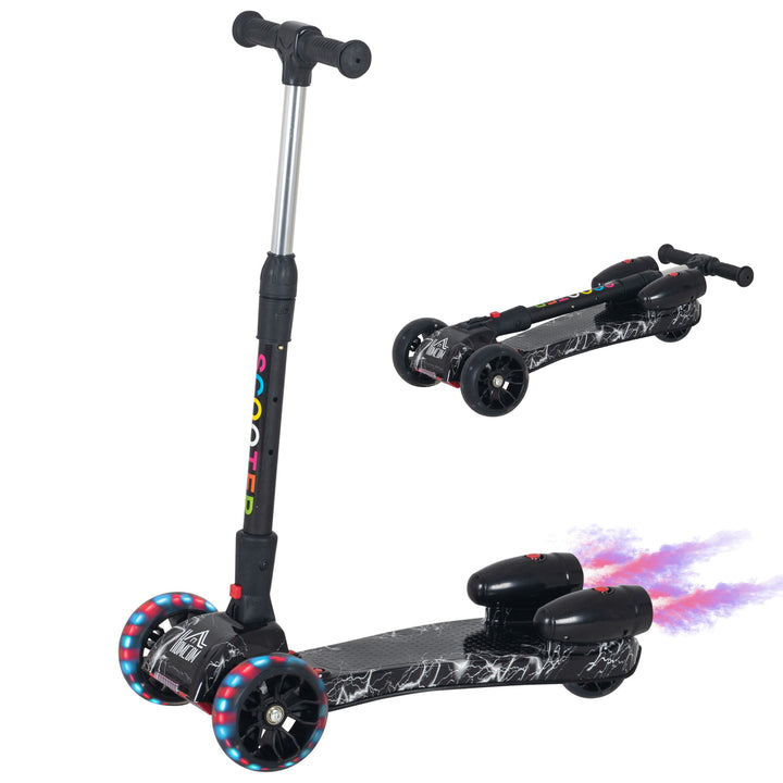 HOMCOM Kids 3 Wheel Scooter Adjustable Height w/ Flashing Wheels Music Water Spray Foldable Design Cool On Off Road Vehicle Black | Aosom UK