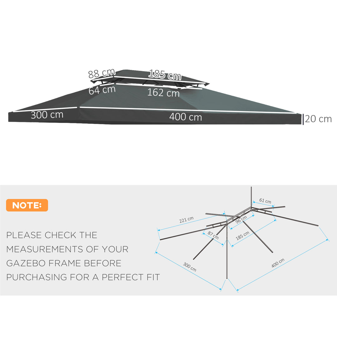 Outsunny Gazebo Replacement Canopy Roof, 3x4m, 2 Tier UV Protection Cover for Garden Patio Outdoor Sun Shelters, Deep Grey (Top Only)