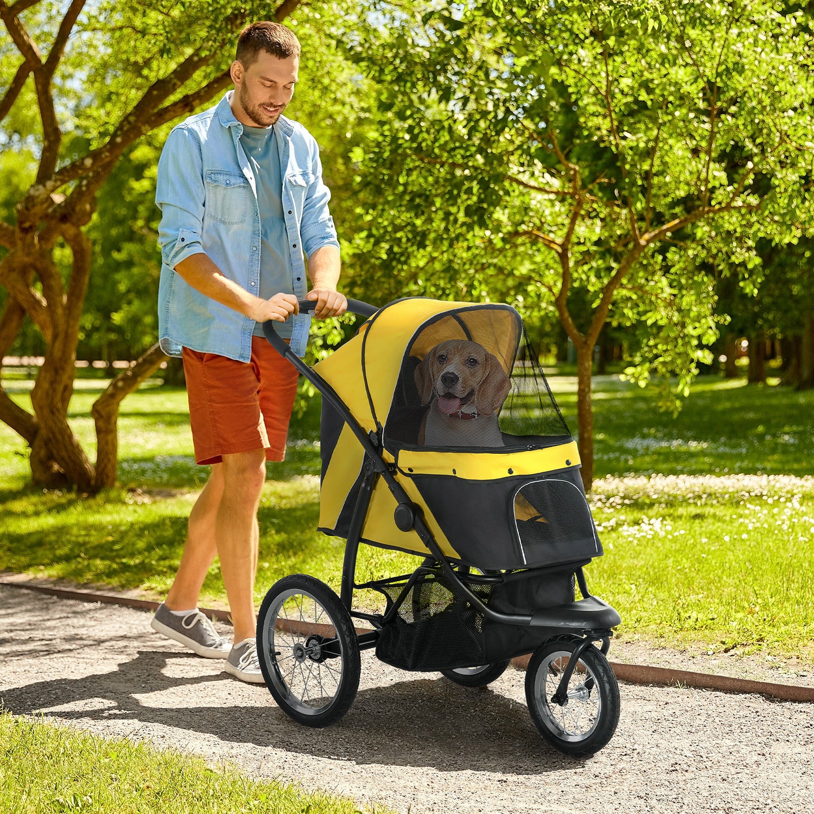 Foldable Pet Stroller Jogger, with Three Wheels, Canopy, for Medium and Small Dogs, Yellow