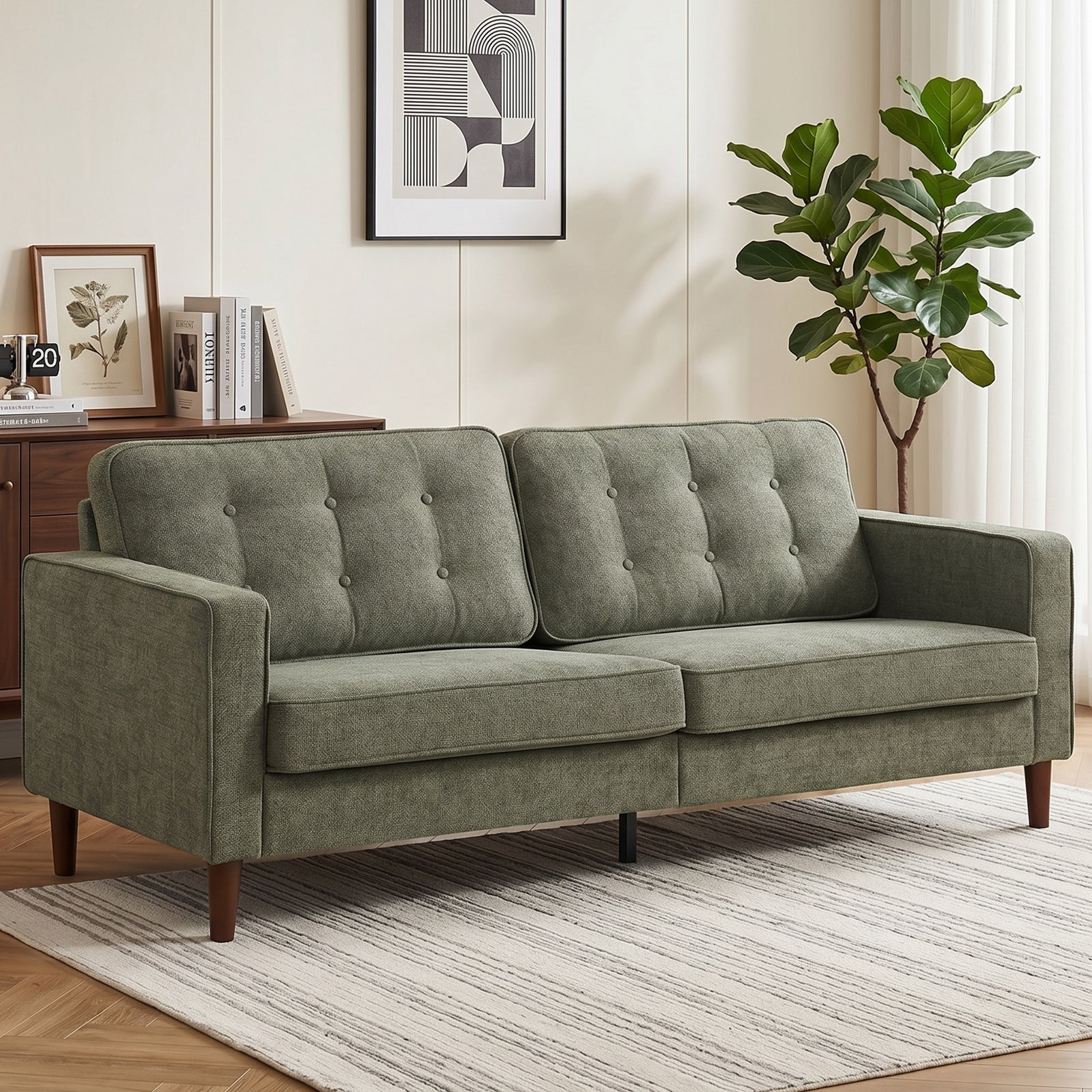 3 Seater Sofa Button Tufted Upholstered Couch with Wood Legs for Livin