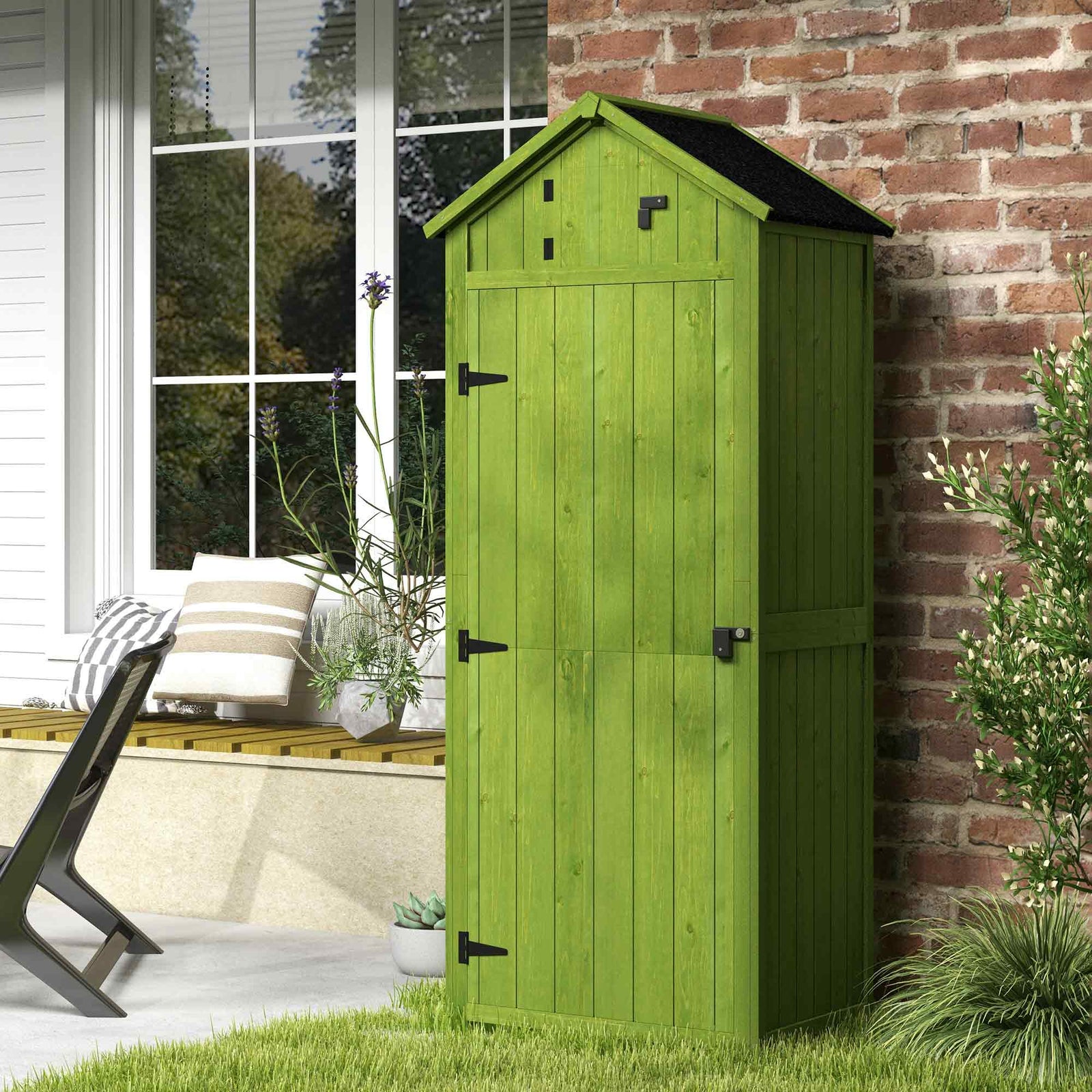 Small Shed, Tall Slim Wooden Garden Shed with 3 Removable Shelves and Roof Hatch, Compact Outdoor Tool Storage Cabinet with Asphalt Roof and Door Latch, 77 x 54.2 x 179 cm, Green