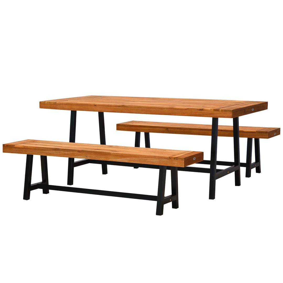 Outsunny Garden 3 Pieces Acacia Wood Picnic Table and 2 Benches Set Dining Trestle Beer Table Patio Outdoor Indoor Furniture