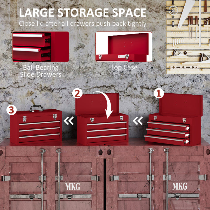 Lockable Metal Tool Box, 3 Drawer Tool Chest with Latches, Handle, Ball Bearing Runners, Red
