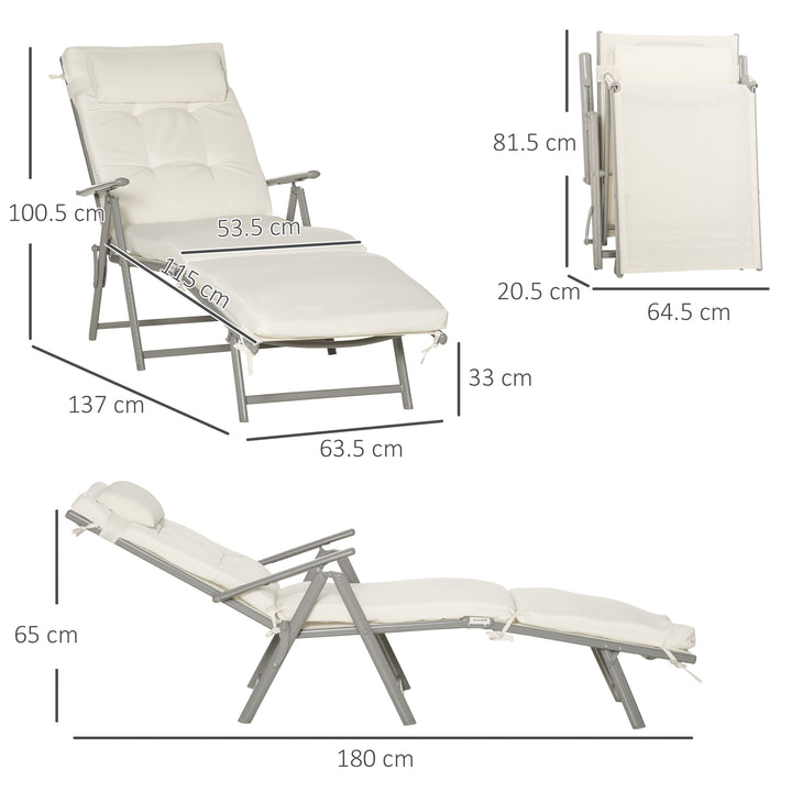 MCL Sun Lounger Steel Frame Outdoor Folding Chaise Texteline Lounge Chair Recliner with Headrest & 7 Levels Adjustable Backrest, Cream White