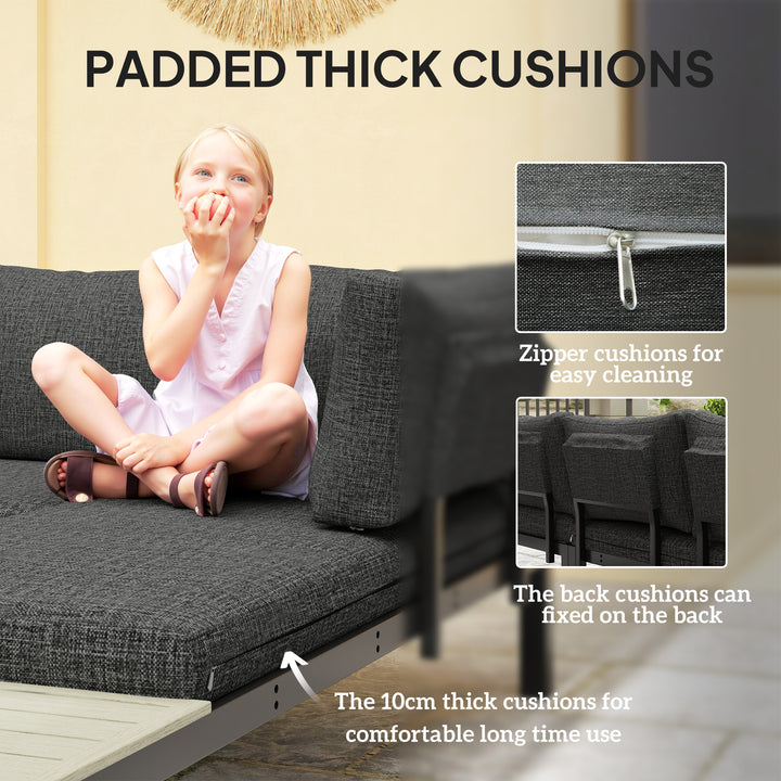 3 Pieces Garden Furniture Set, Aluminium 4 Seater Corner Sofa Set with 2 Loveseats, Coffee Table and Side Trays, Outdoor Conversation Furniture with Cushions for Garden, Dark Grey