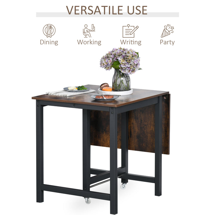 Folding Dining Table, Industrial Drop Leaf Table with Wheels and Metal Frame for Kitchen, Dining Room, Space Saving, Rustic Brown