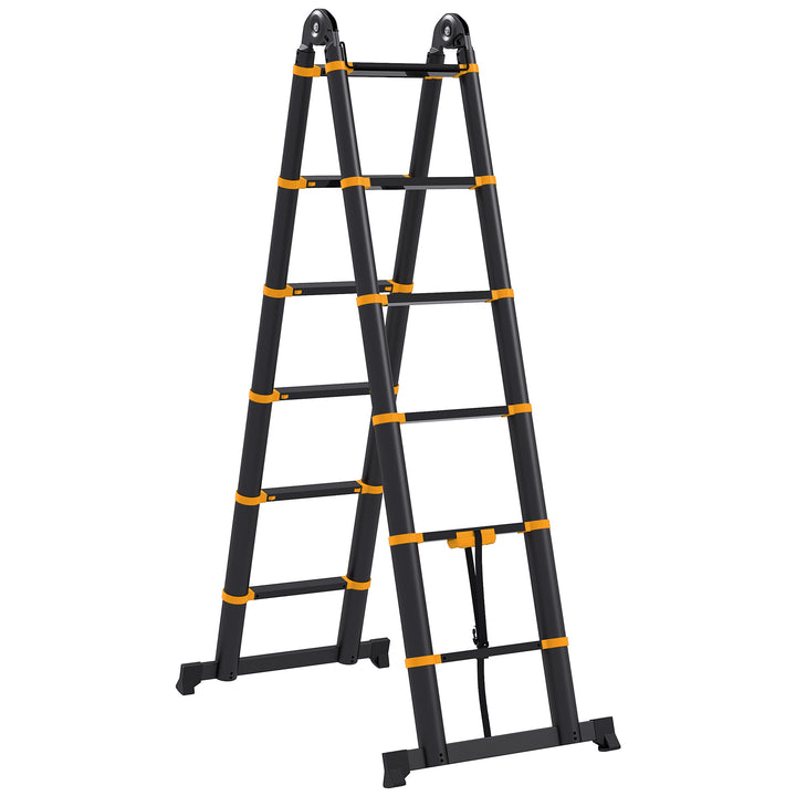 HOMCOM 3.8M Duo Aluminium Ladder w/ Tool Holder Herringbone Deployed Extendable DIY w/ 12 Non-Slip Steps, Yellow