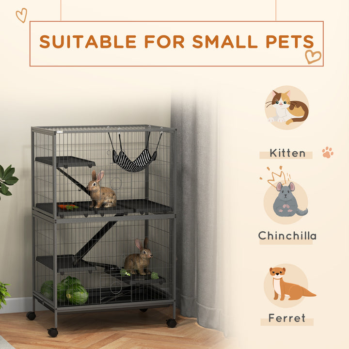 PawHut Small Animal Cage for Chinchilla Ferret Kitten on Wheels with Hammock Removable Tray, Silver Grey